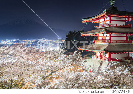 Night view of cherry blossoms blooming at Arakurayama Sengen Park [Fujiyoshida City, Yamanashi Prefecture] 134672486