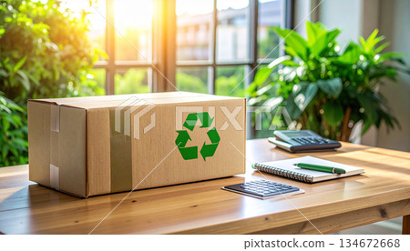 Cardboard Recycling Box On Desk With Green Plants And Office Supplies In Bright Natural Light. 134672668