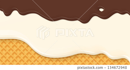 Melted vanilla ice cream and chocolate toping drop on ice cream cone texture background graphic illustration have blank space. Melted vanilla ice cream and chocolate toping drop on ice cream cone texture background graphic illustration have blank space. 134672948