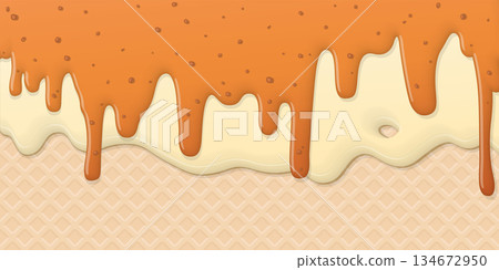 Salted caramel pouring on melted vanilla ice cream with ice cream cone texture background graphic illustration have blank space. Salted caramel pouring on melted vanilla ice cream with ice cream cone texture background graphic illustration have blank space. 134672950