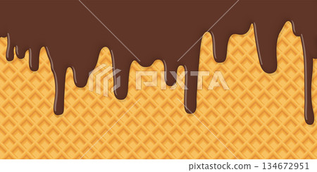 Melted chocolate ice cream drop on wafer pattern yellow brown colors graphic illustration. 134672951