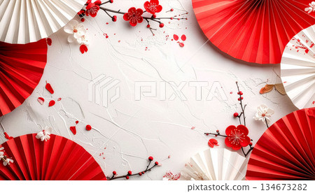 Japanese style background of red and white fans and plum blossoms on Japanese paper Japanese style background of red and white fans and plum blossoms on Japanese paper 134673282