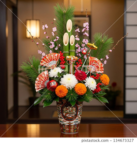 吉祥的新年花卉裝飾 134673327