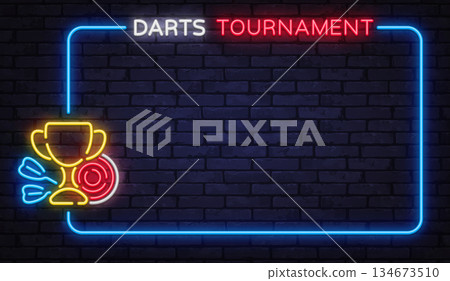 Glowing neon vector frame with trophy and dartboard icon. Created for competition posters, sports events, and championship promotions. Glowing neon vector frame with trophy and dartboard icon. Created for competition posters, sports events, and championship promotions. 134673510