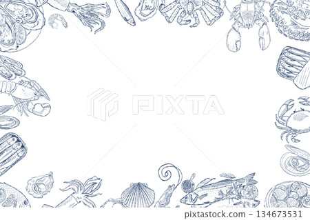 Seafood border frame with hand drawn marine food sketches in blue ink 134673531