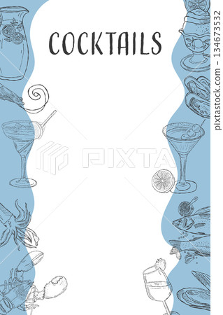Cocktail menu frame with hand drawn drink sketches in blue line art Cocktail menu frame with hand drawn drink sketches in blue line art 134673532