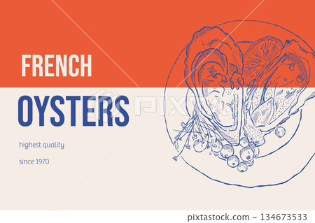 French oysters vintage seafood poster with hand drawn shellfish 134673533