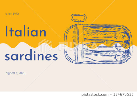 Italian sardines vintage seafood poster with hand drawn fish illustration 134673535