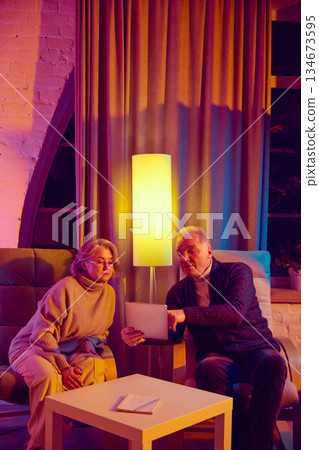 Elderly couple checking weather forecast together using digital tablet. Elderly couple checking weather forecast together using digital tablet. 134673595