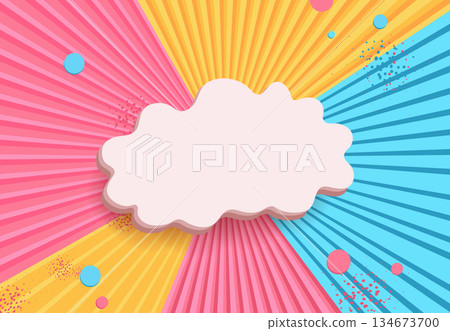 A white, empty comic-style cloud on a pink, blue, and yellow background with diverging rays. Pop art concept. Vector A white, empty comic-style cloud on a pink, blue, and yellow background with diverging rays. Pop art concept. Vector 134673700