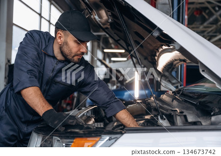 View from the side, opened hood. Mechanic working in a car service station View from the side, opened hood. Mechanic working in a car service station 134673742