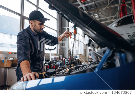 Transport is being repaired. Mechanic working in a car service station Transport is being repaired. Mechanic working in a car service station 134673802
