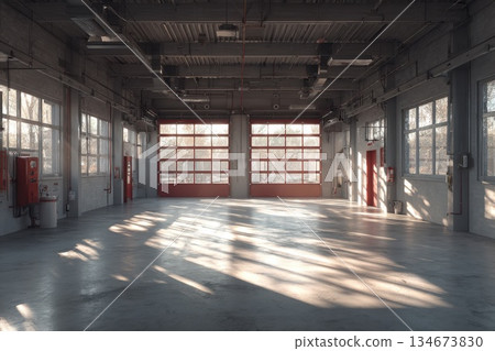 an empty fire station compartment with a red door an empty fire station compartment with a red door 134673830