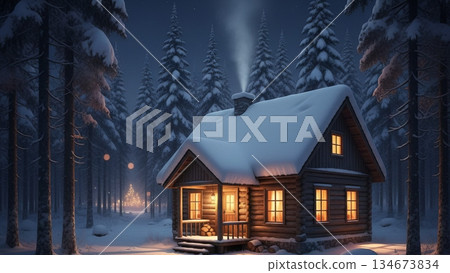 Cozy Wooden Cabin in Snowy Forest at Night 4K AI Cozy Wooden Cabin in Snowy Forest at Night 4K AI 134673834