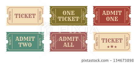 Vintage Retro Admission Tickets Set, Old Cinema and Event Passes, Antique Color Paper Coupons Collection for Theater, Fair, Concert and Festival Graphic Use Vintage Retro Admission Tickets Set, Old Cinema and Event Passes, Antique Color Paper Coupons Collection for Theater, Fair, Concert and Festival Graphic Use 134673898
