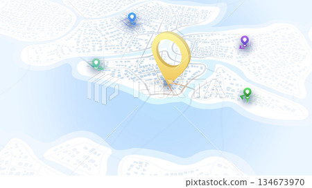 Isometric generic city map with signs. Point of intended goal, many markers. Abstract navigation plan of urban area with POI on it. City streets and blocks. Colored editable vector illustration Isometric generic city map with signs. Point of intended goal, many markers. Abstract navigation plan of urban area with POI on it. City streets and blocks. Colored editable vector illustration 134673970
