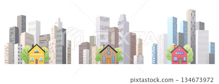 City posters set. Building for rent or sale. Options concept for leasing or selling commercial properties. Houses at metropolis Modern city landscape. Vector illustration 134673972