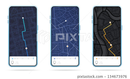 GPS city map app concept. Smartphone navigation application for travel with location mark, pointer, on screen. Search Location service design. Navigation Vector illustration for web, advert, banner GPS city map app concept. Smartphone navigation application for travel with location mark, pointer, on screen. Search Location service design. Navigation Vector illustration for web, advert, banner 134673976