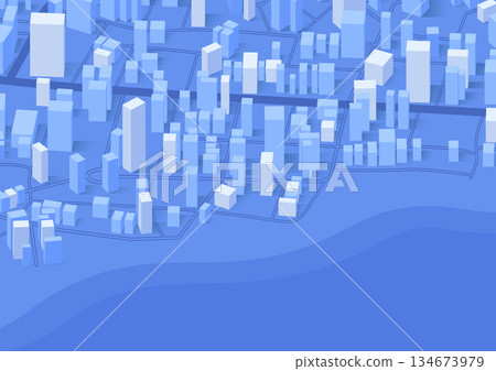 City landscape vector background. Simple minimal town with 3d buildings, urban concept. Exploring available properties, potential choices. Editable vector illustration. Blue background 134673979