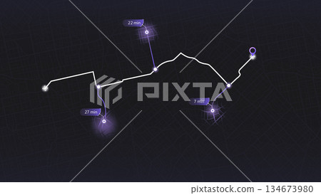Dark mode map interface showing delivery route or ride tracking path with time markers and purple location pin. Vector illustration 134673980