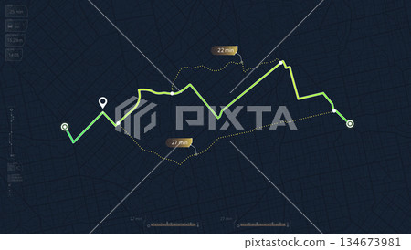 Digital map navigation showing primary green route and alternative paths with time estimates on dark UI. Vector illustration. 134673981