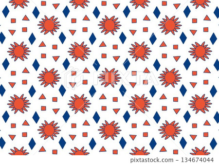 Seamless geometric pattern with red suns and blue diamonds Seamless geometric pattern with red suns and blue diamonds 134674044