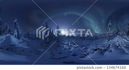 North winter with stars and Aurora borealis. 360 VR view North winter with stars and Aurora borealis. 360 VR view 134674160