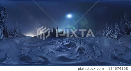 North winter with stars and Aurora borealis. 360 VR view North winter with stars and Aurora borealis. 360 VR view 134674168