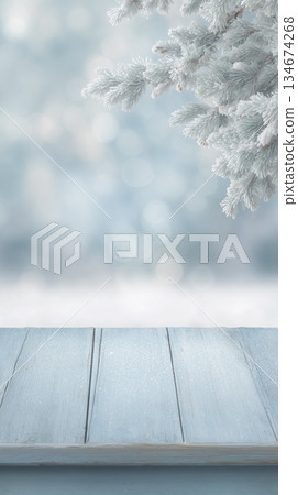 Simple Wooden Platform Surrounded By Snowcovered Fir Branches For Seasonal Product Photography Simple Wooden Platform Surrounded By Snowcovered Fir Branches For Seasonal Product Photography 134674268