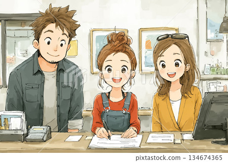 諮詢場景：一男一女在櫃檯填寫文件。 134674365