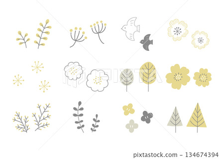 Scandinavian style hand-drawn plant and flower natural illustration set 134674394