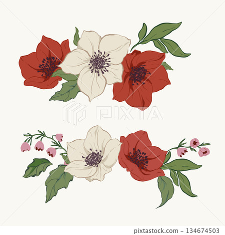 Vector Christmas floral garland of poinsettia, anemone, berries and leaves. Hand-drawn vintage card isolated on white background. Illustration for design, print, fabric or background. 134674503