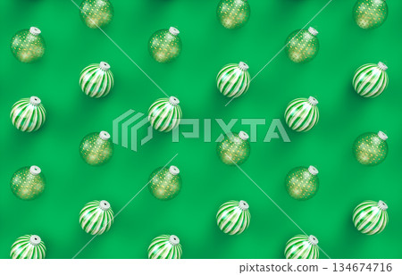 Christmas balls pattern on green background. 3d rendering Christmas balls pattern on green background. 3d rendering 134674716