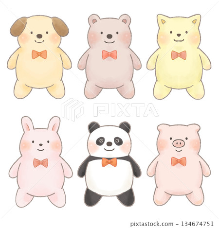 A set of easy-to-read hand-drawn animal illustrations (dog, bear, cat, rabbit, panda, pig) 134674751