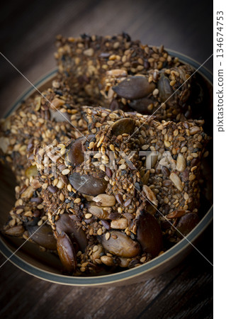 Healthy Pumpkin Seeds Cookies Crackers Isolated, Healthy Cereal Crackers, Homemade Pumpkin Seed 134674753