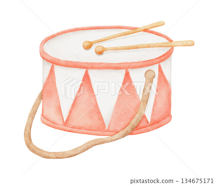Watercolour drum childish vintage toy, cute illustration isolated on white background 134675171