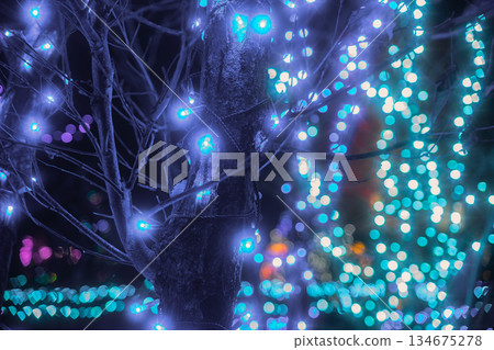Christmas illuminations and bokeh lights brighten up the quiet of the night Christmas illuminations and bokeh lights brighten up the quiet of the night 134675278