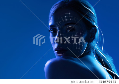Futuristic artwork female portrait with facial scanning grid and technology mood 134675413