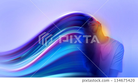 Surreal design of female portrait with flowing light waves and dreamy emotion. Surreal design of female portrait with flowing light waves and dreamy emotion. 134675420