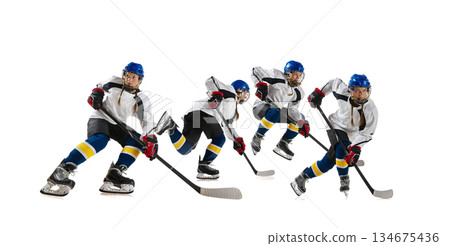 Single hockey player motion sequence composition isolated on white background Single hockey player motion sequence composition isolated on white background 134675436