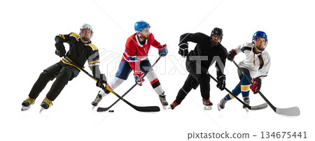 Composition of hockey players dynamic action isolated on white background 134675441