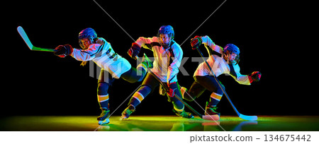 Hockey player action collage showing sequential movement on dark background 134675442