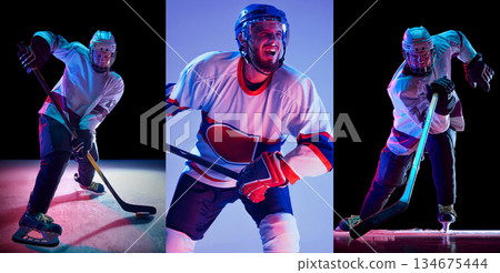 Hockey players action composition with two dynamic models on dark background Hockey players action composition with two dynamic models on dark background 134675444