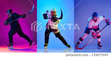 Hockey players action collage with three dynamic poses on colored backgrounds. 134675445