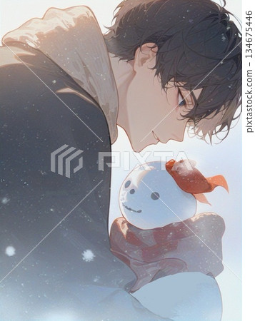 Watercolor illustration of a young man and a winter day, vertical 13 134675446