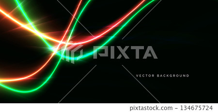 Red and green neon wave lines glowing on dark background. Technology futuristic lighting effect concept. Red and green neon wave lines glowing on dark background. Technology futuristic lighting effect concept. 134675724