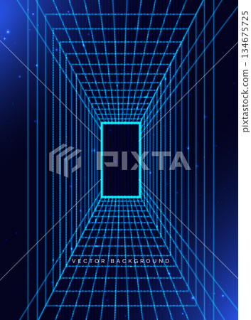 Abstract dark blue technology background with neon grid glowing  particles high speed data concept. 134675725