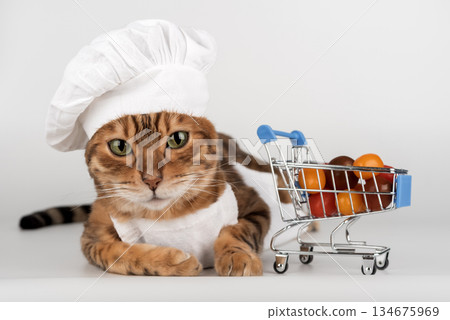 A cat chef with a cart of groceries A cat chef with a cart of groceries 134675969