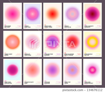 Large set of romantic gradient posters with flirty texts on soft blurred circles in purple, pink, orange hues for love themes, covers, banners. Blurred Gradient Poster Template with Radial Glow Circle 134676112