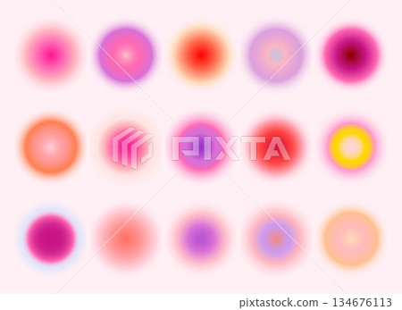 Modern blurred gradient circle shapes background set in vibrant pink, purple, orange, yellow colors for romantic poster, cover, banner templates with soft glow effect. 134676113